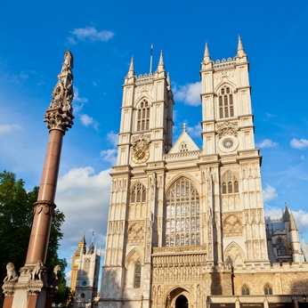 Western facade of Westminster Abbey with Westminster Column in London